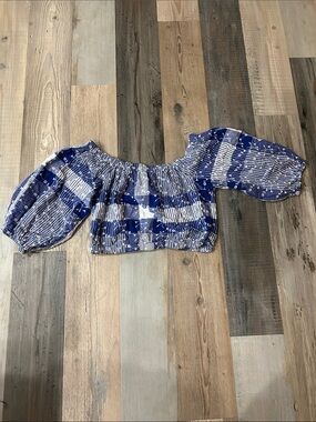 Forever 21 Blue Eyelets White Gingham Off-Shoulder Top Sz S Resort Wear TC0366